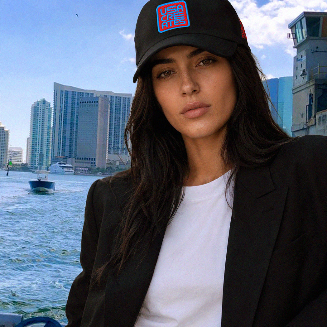 USA CREATES Signature Red Base Cap, shown in Miami Intracoastal portrait