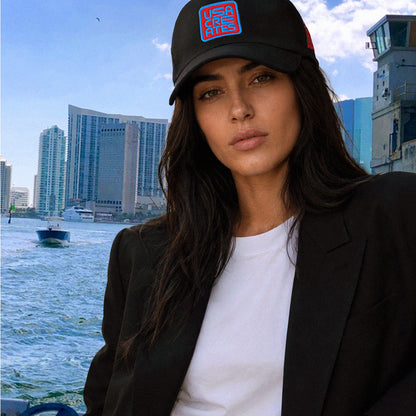 USA CREATES Signature Red Base Cap, shown in Miami Intracoastal portrait
