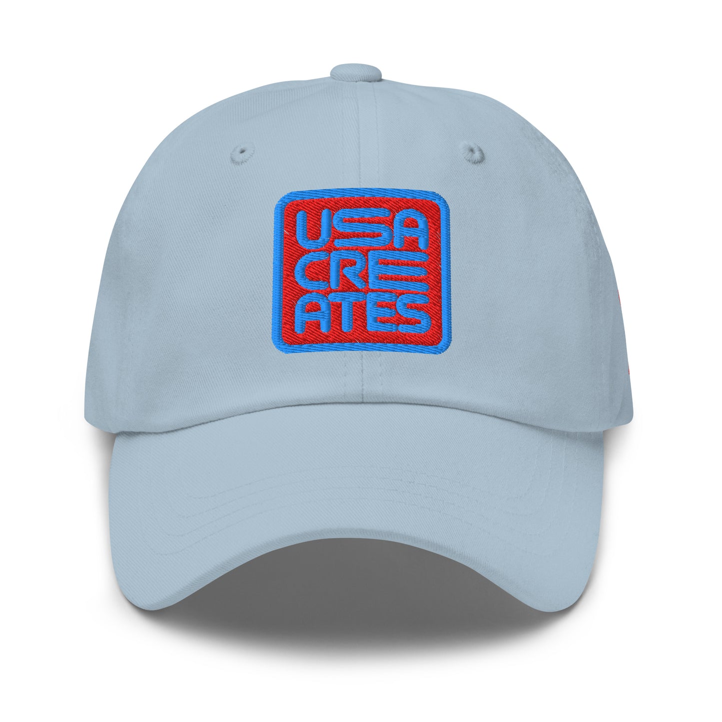 USA CREATES Signature Red Base Cap, light blue front view with embroidered USA CREATES mark