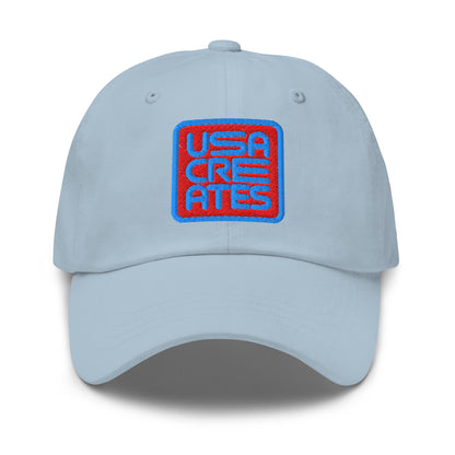 USA CREATES Signature Red Base Cap, light blue front view with embroidered USA CREATES mark