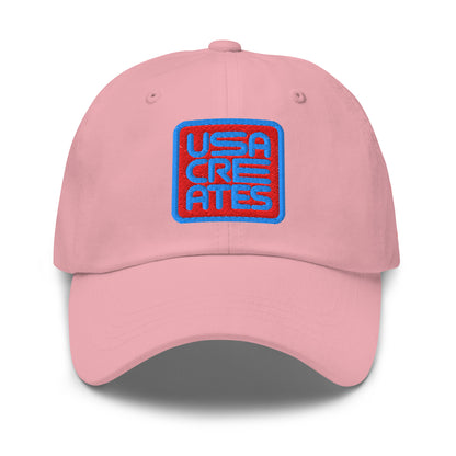 USA CREATES Signature Red Base Cap, pink front view with embroidered USA CREATES mark