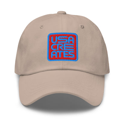 USA CREATES Signature Red Base Cap, stone front view with embroidered USA CREATES mark