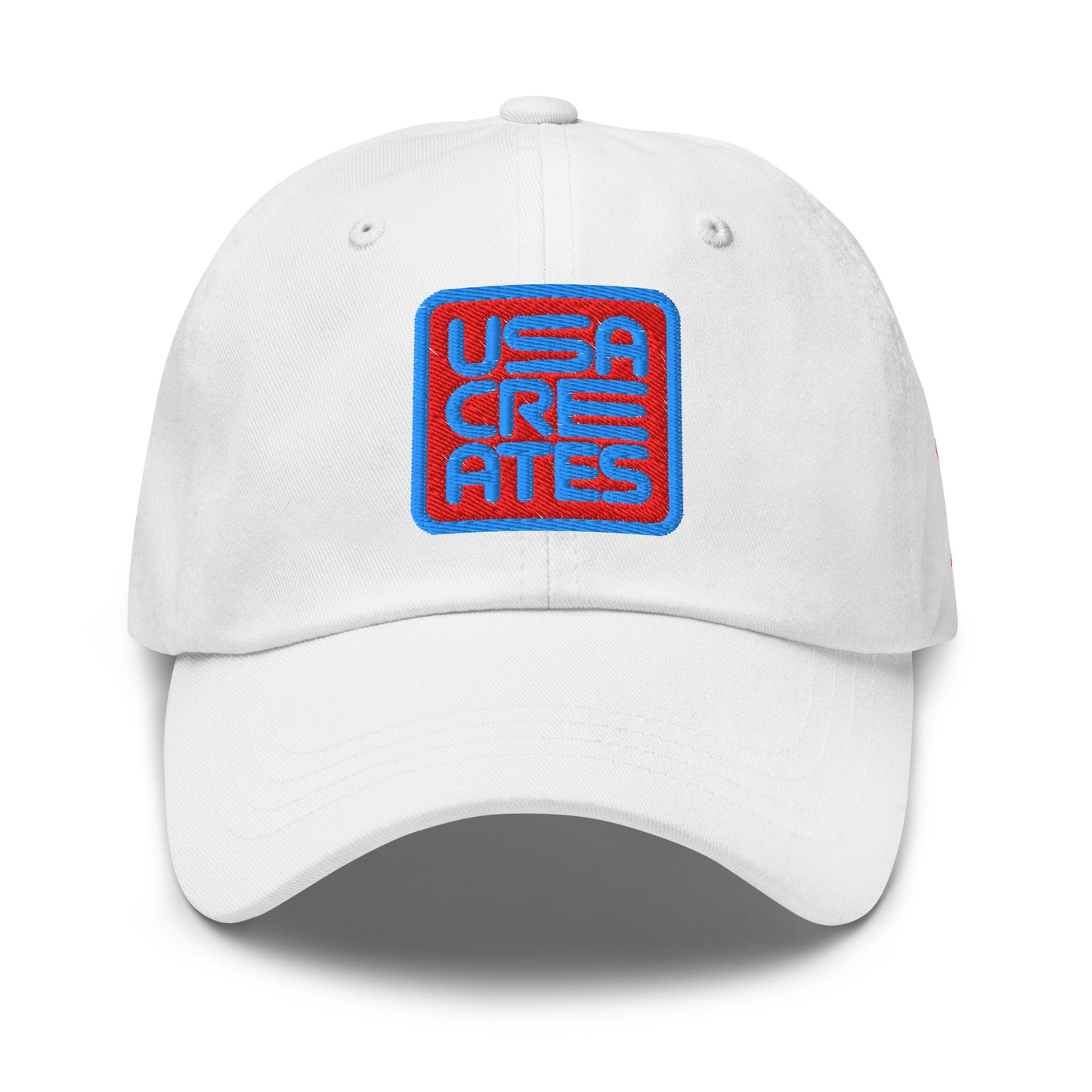 USA CREATES Signature Red Base Cap, white front view with embroidered USA CREATES mark