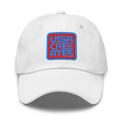 USA CREATES Signature Red Base Cap, white front view with embroidered USA CREATES mark