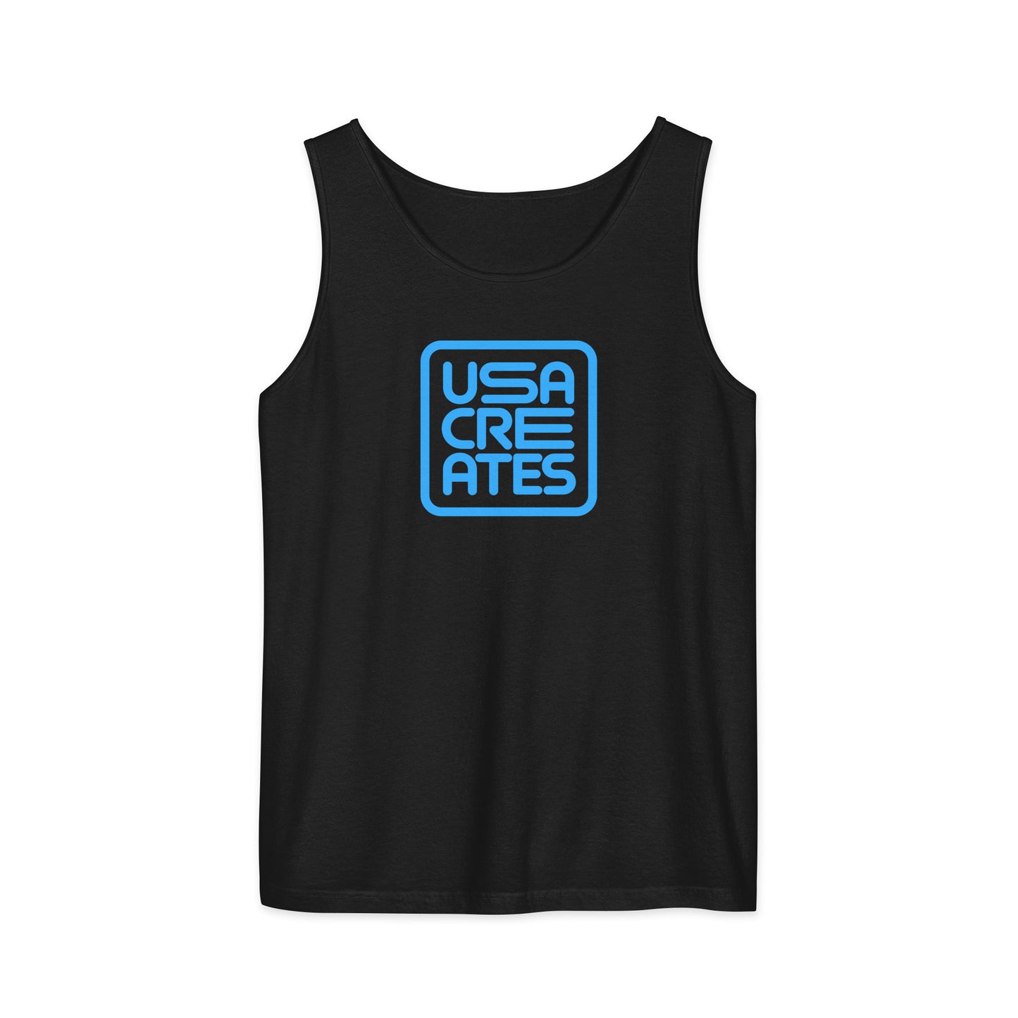 USA CREATES Signature Tank Blue, black front view with blue USA CREATES mark