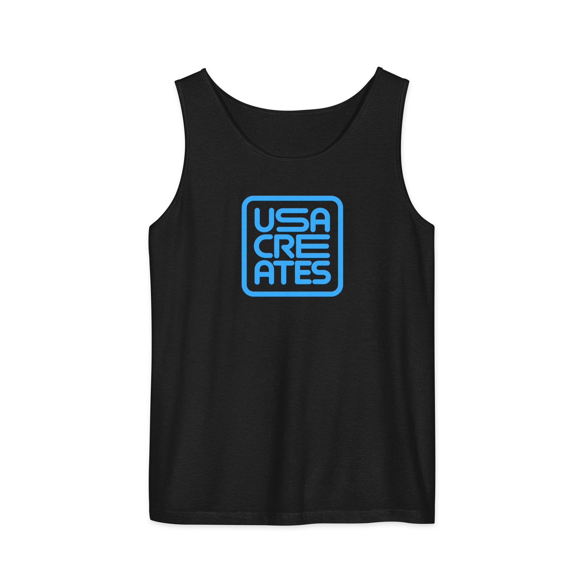 USA CREATES Signature Tank Blue, black front view with blue USA CREATES mark