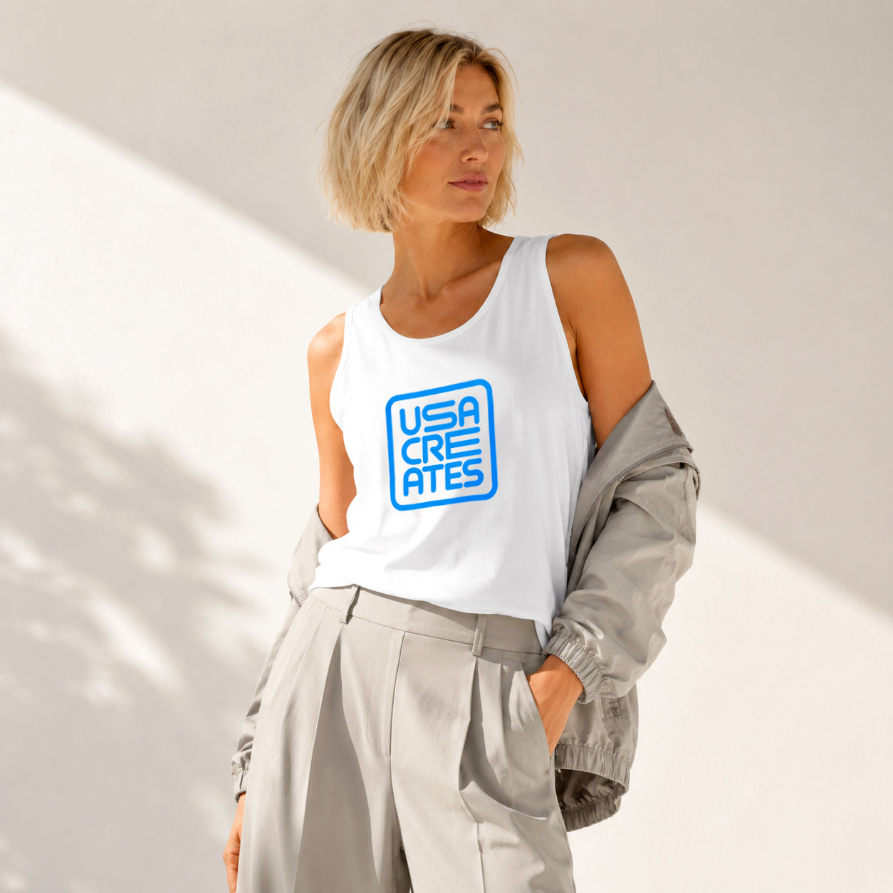 USA CREATES Signature Tank Blue, shown in editorial portrait