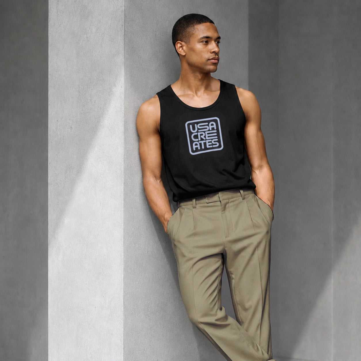USA CREATES Signature Tank Gray, shown in editorial portrait