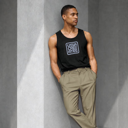 USA CREATES Signature Tank Gray, shown in editorial portrait