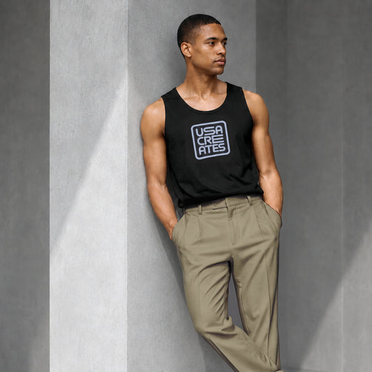 USA CREATES Signature Tank Gray, shown in editorial portrait
