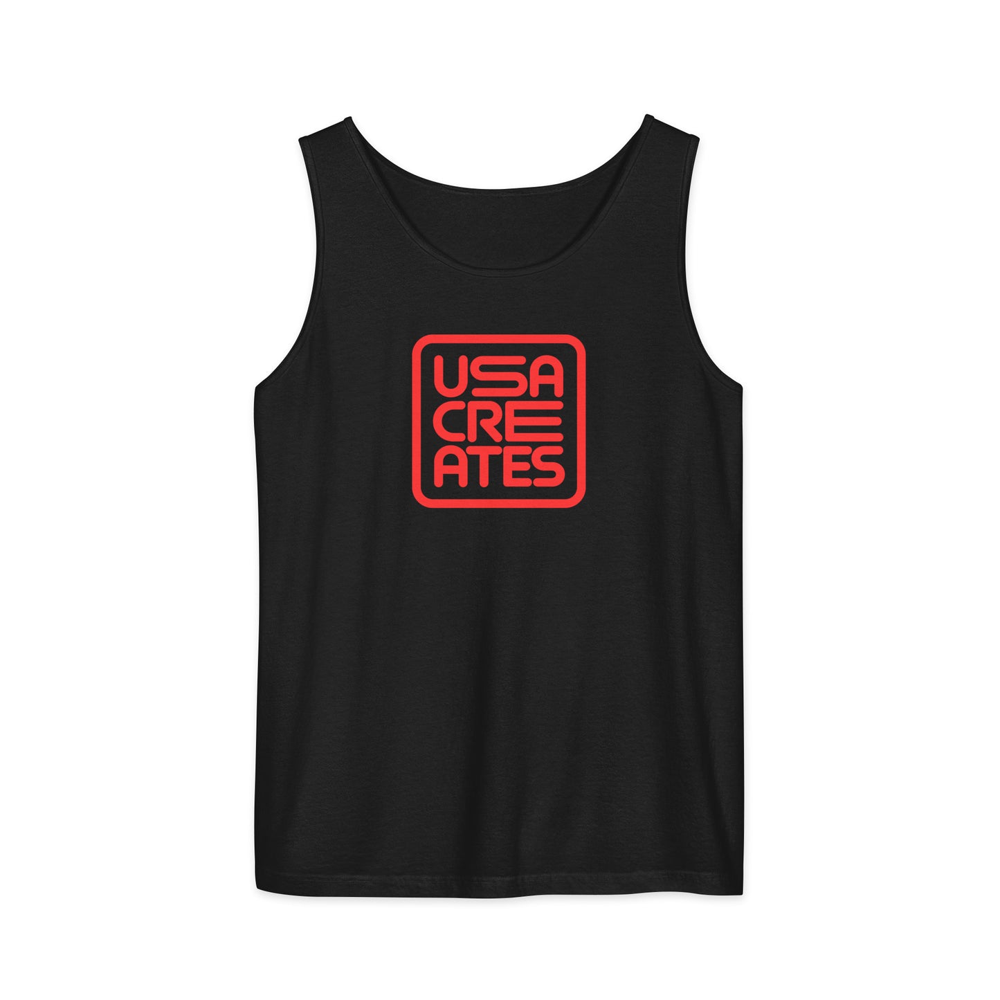 USA CREATES Signature Tank Red, black front view with red USA CREATES mark