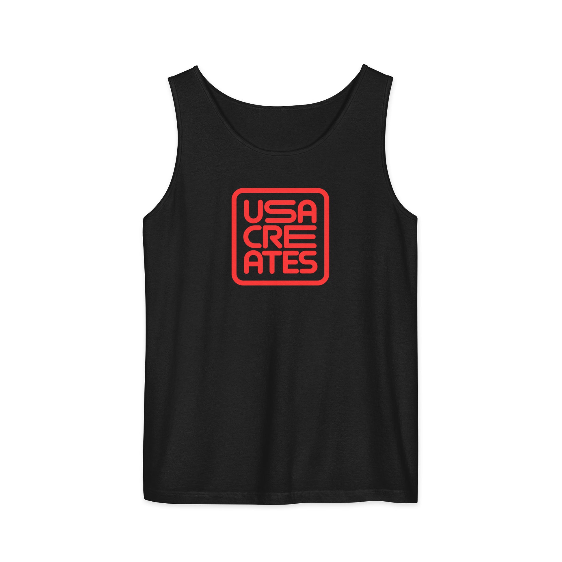 USA CREATES Signature Tank Red, black front view with red USA CREATES mark