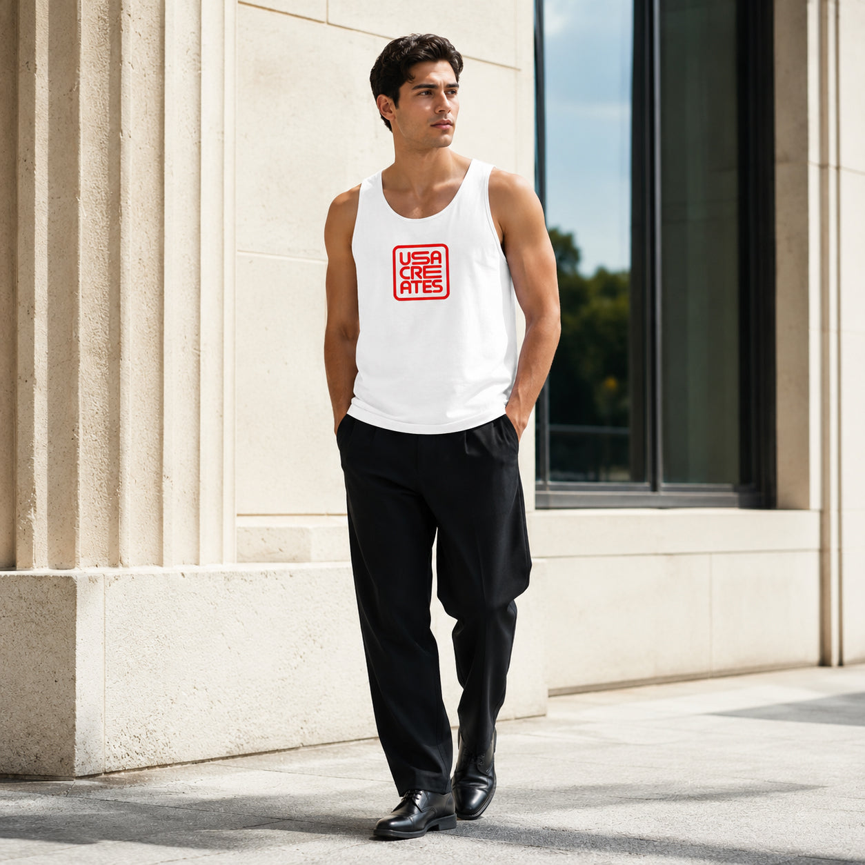 USA CREATES Signature Tank Red, shown in second editorial portrait