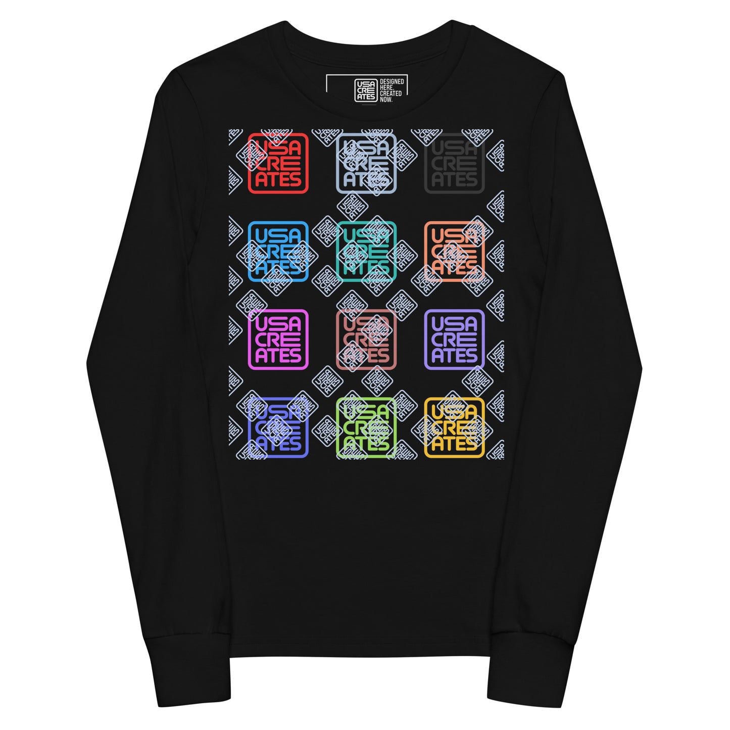 USA CREATES Signature Youth Long Sleeve, black front view with USA CREATES mark