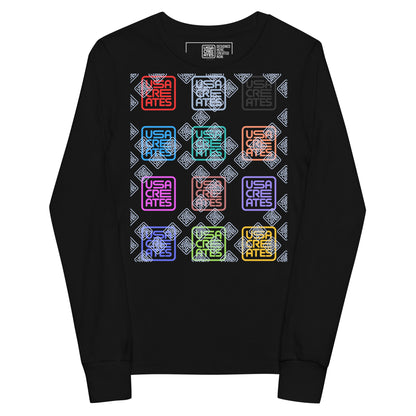 USA CREATES Signature Youth Long Sleeve, black front view with USA CREATES mark