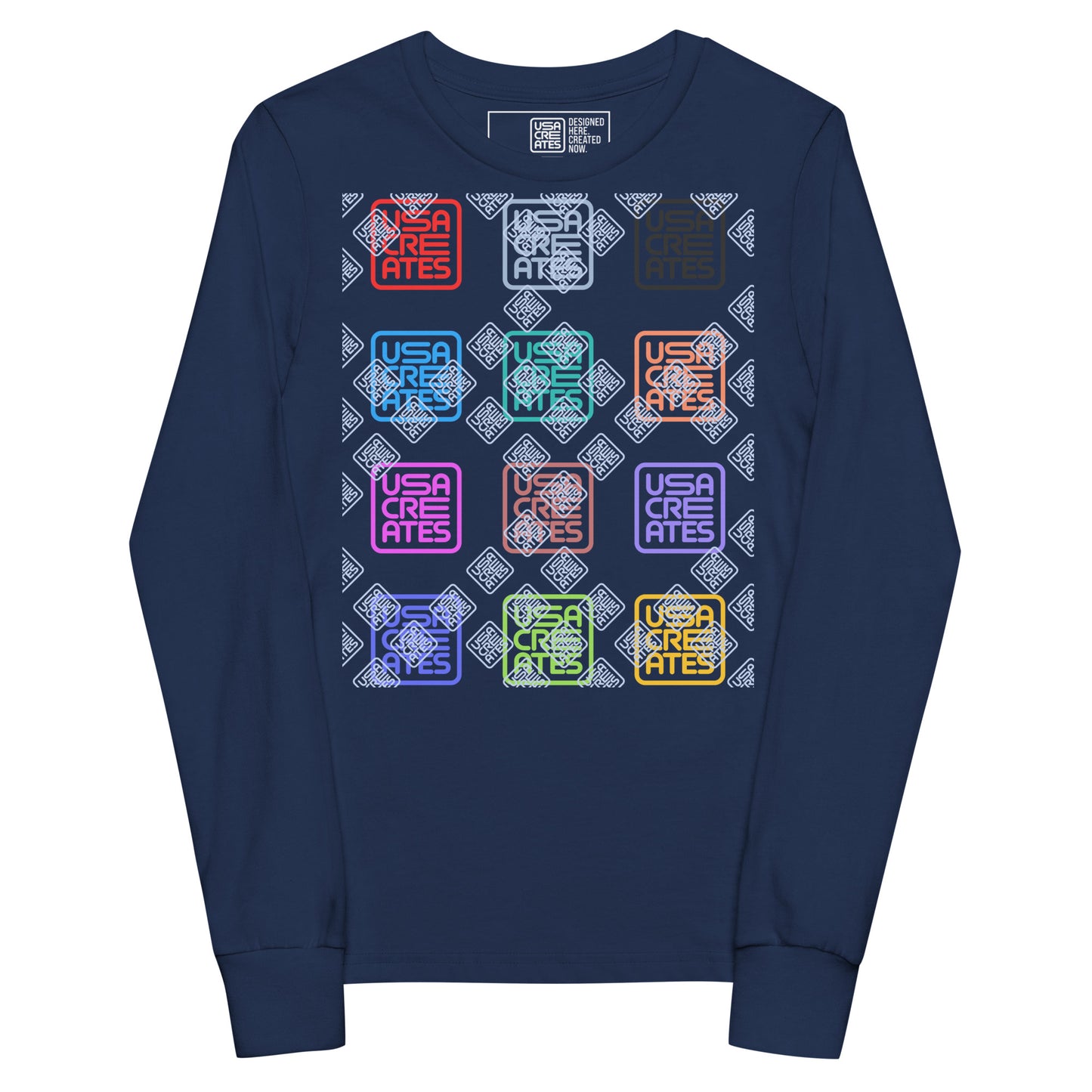 USA CREATES Signature Youth Long Sleeve, navy front view with USA CREATES mark
