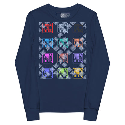 USA CREATES Signature Youth Long Sleeve, navy front view with USA CREATES mark