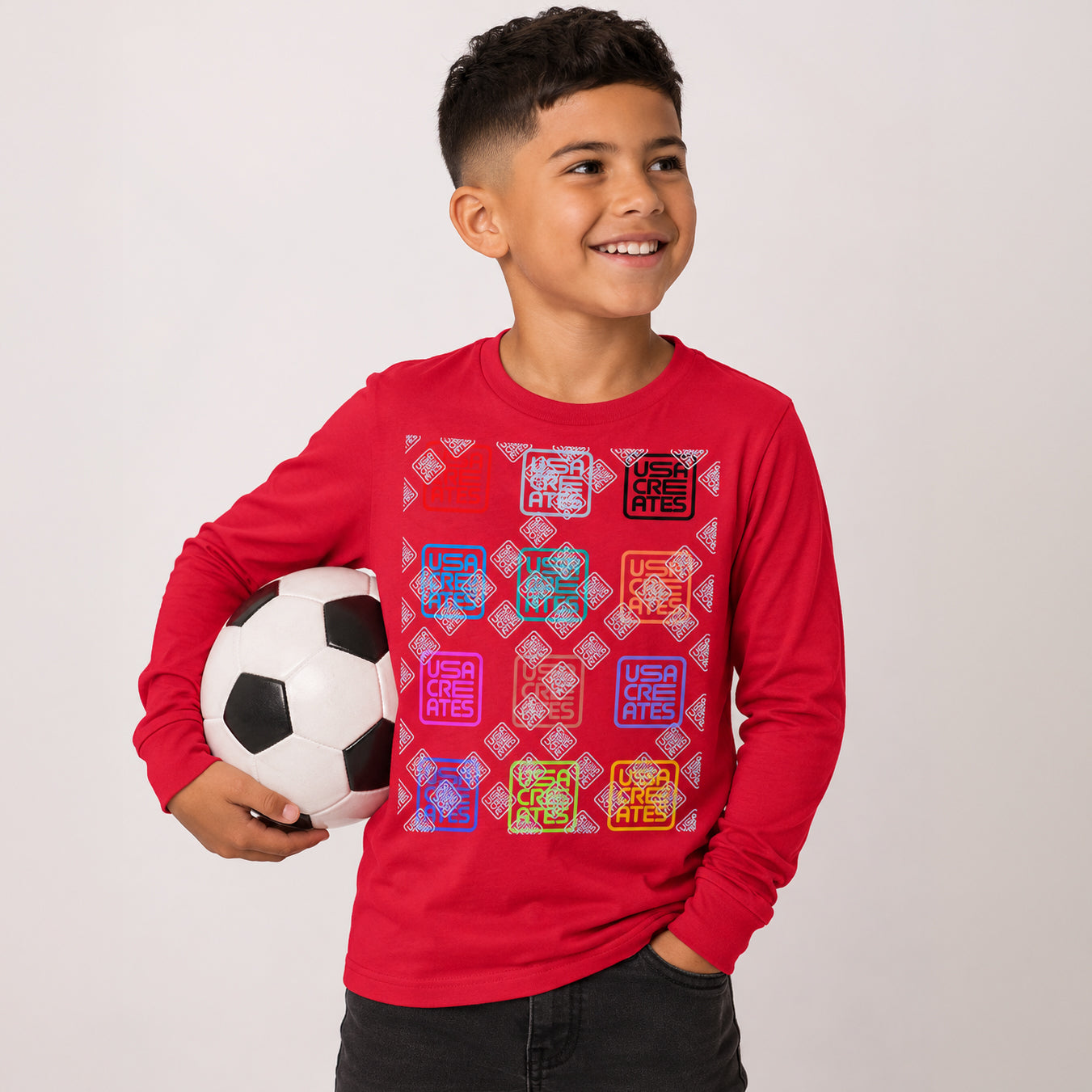 USA CREATES Signature Youth Long Sleeve, shown in red youth soccer portrait
