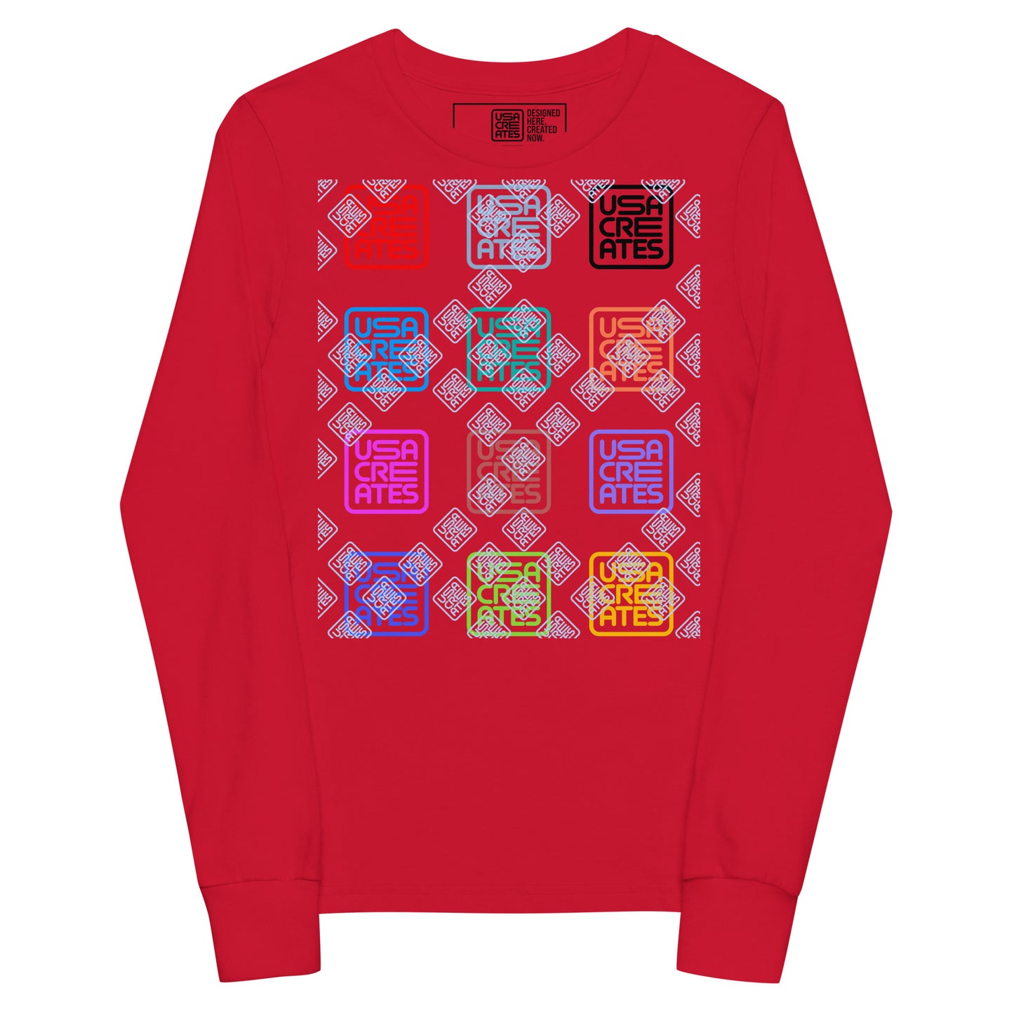 USA CREATES Signature Youth Long Sleeve, red front view with USA CREATES mark