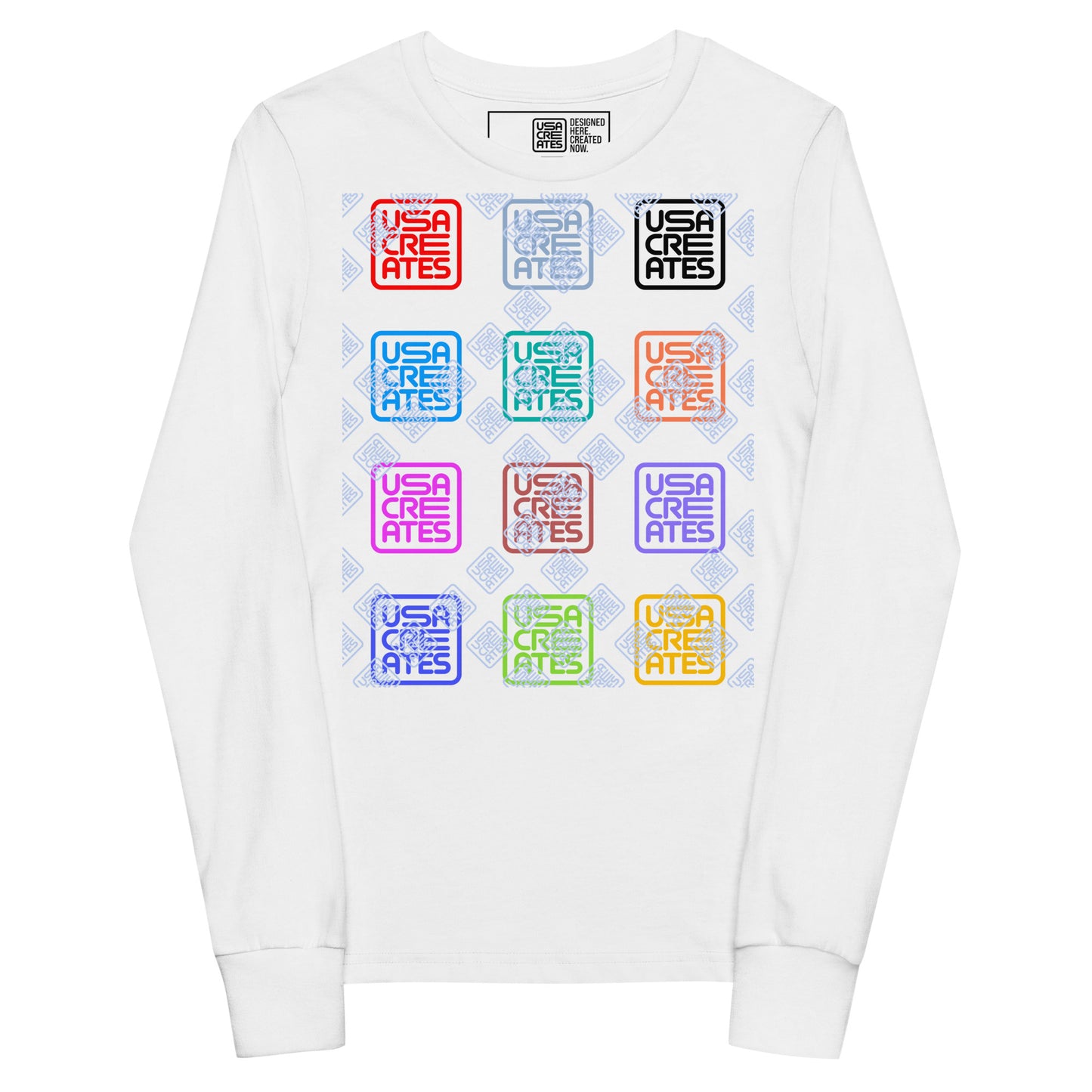 USA CREATES Signature Youth Long Sleeve, white front view with USA CREATES mark
