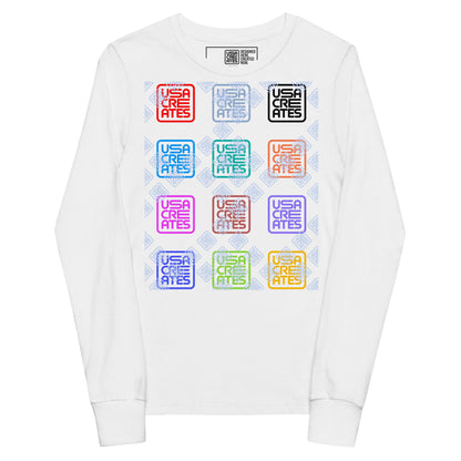 USA CREATES Signature Youth Long Sleeve, white front view with USA CREATES mark